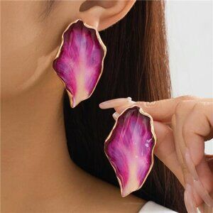 Purple Chunky Flower Leaf Earrings | Big Enamel Statement Dangles